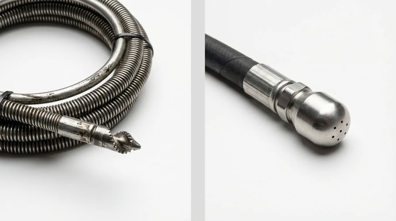 Drain snake cable and hydro jetting nozzle used for drain cleaning in Jourdanton, TX
