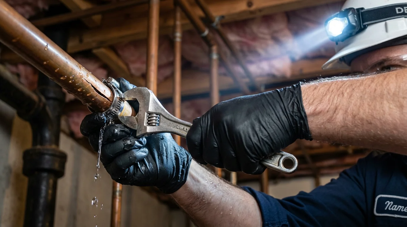 Emergency pipe clamp repair being performed by a Johns Plumbing LLC plumber in Jourdanton