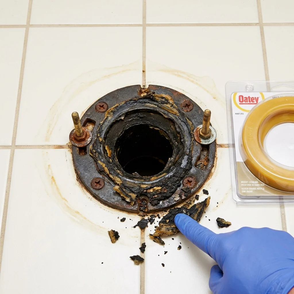 Failed wax ring showing water seepage at the base of a toilet in a Jourdanton, TX home