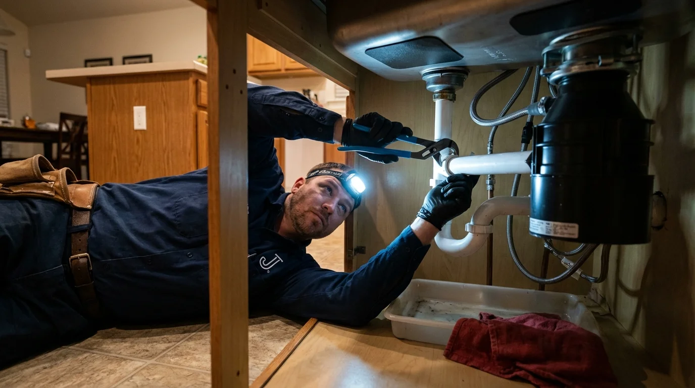 P-trap and supply line connections under a kitchen sink showing a common leak point in Jourdanton, TX
